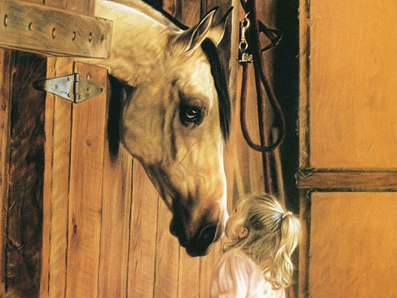 Girl and Horse in Stable — Brown