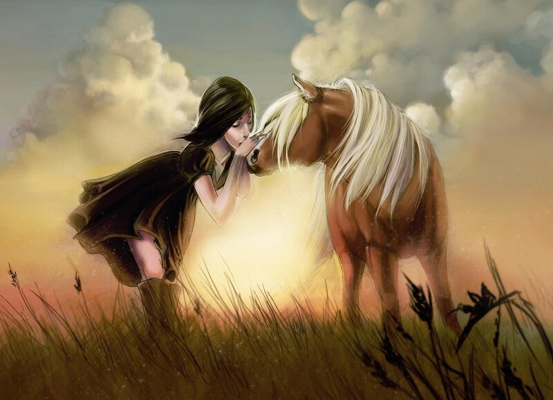 girl and horse in sunset