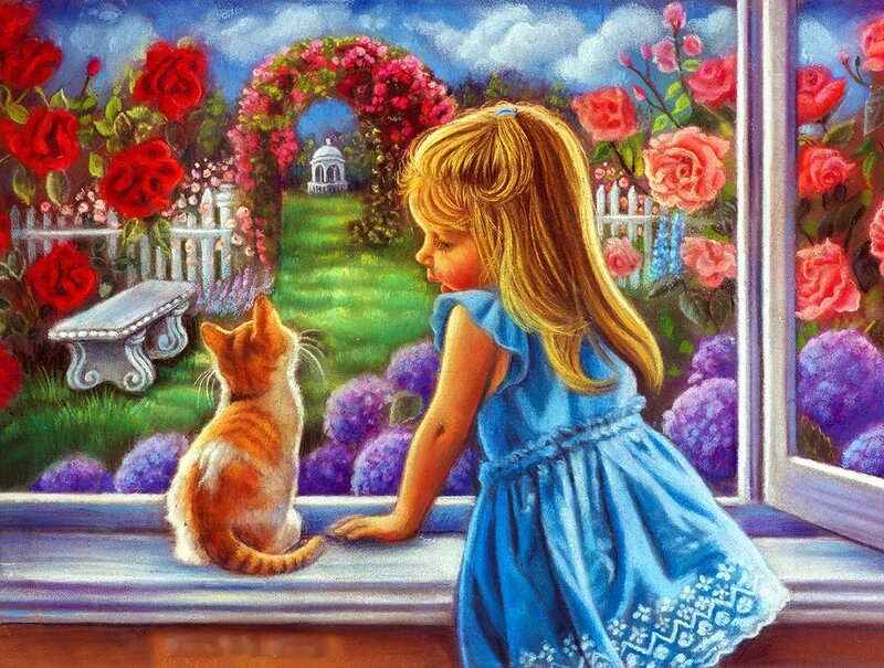 Girl and Kitten at Window