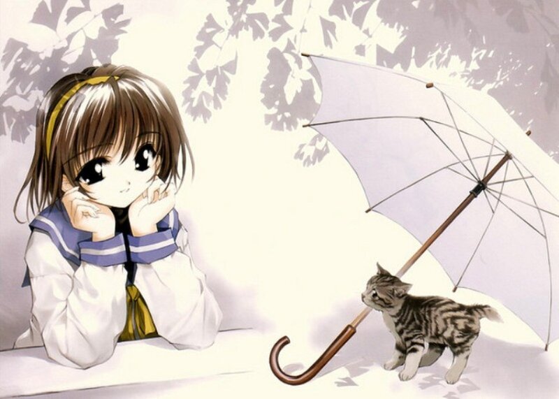 Girl and Kitten under Umbrella