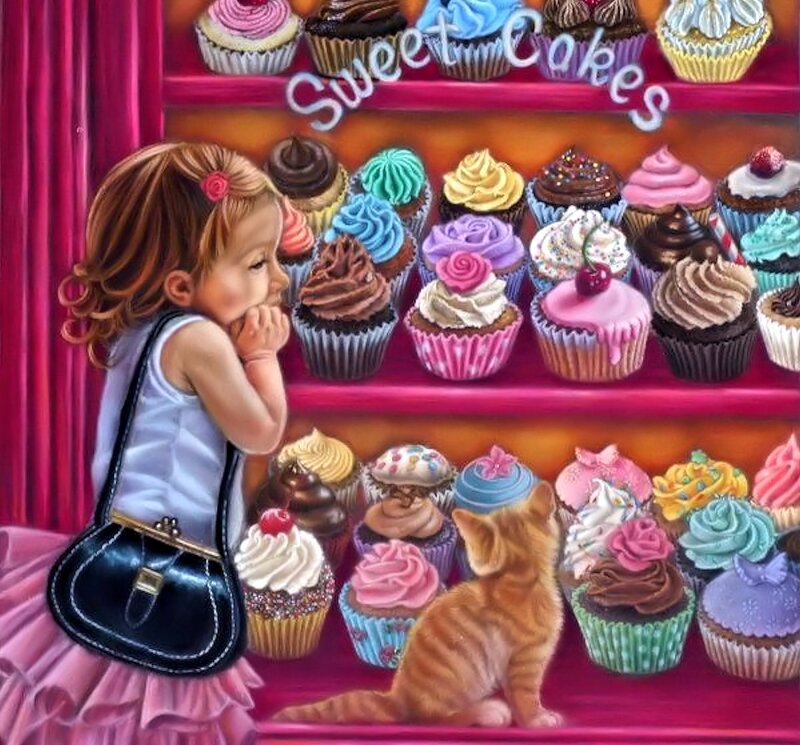 Girl and Kitten with Cupcakes