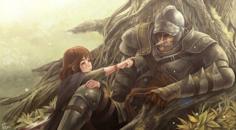 girl and knight in forest