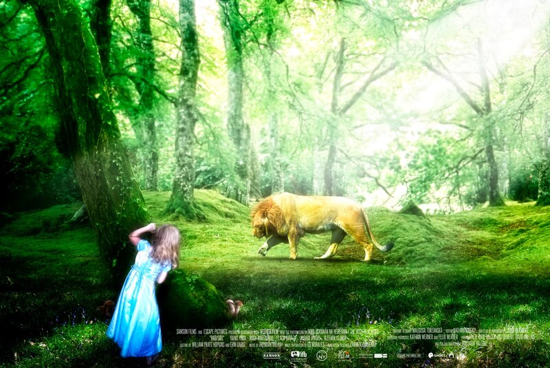 Girl and Lion in Forest — Green