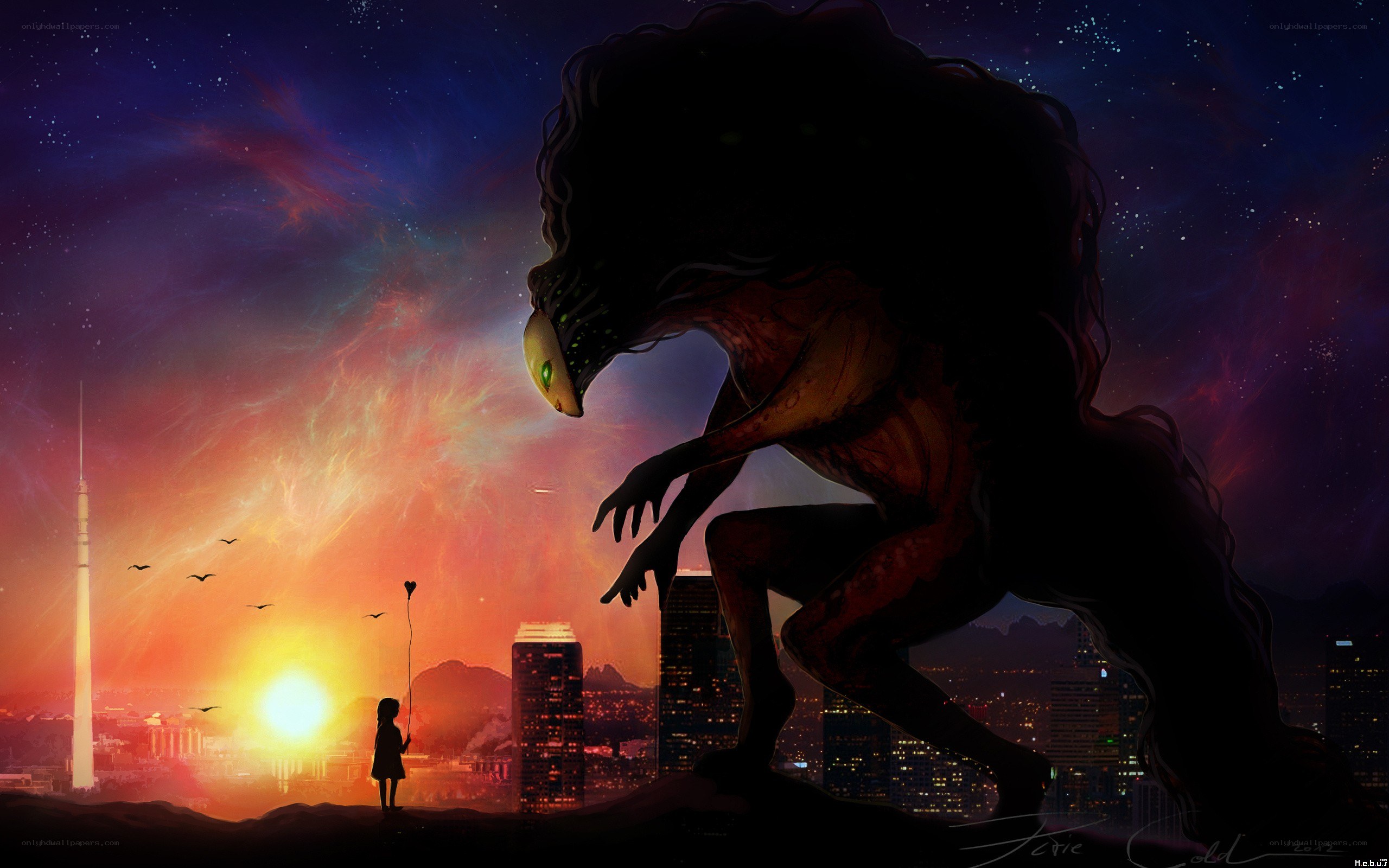 Girl and monster at sunset