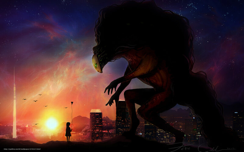 Girl and monster at sunset