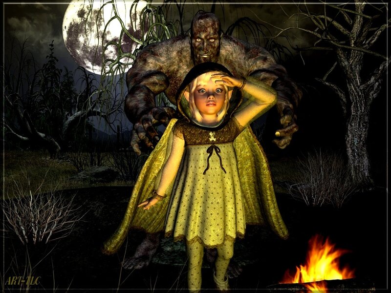 Girl and monster in moonlit forest