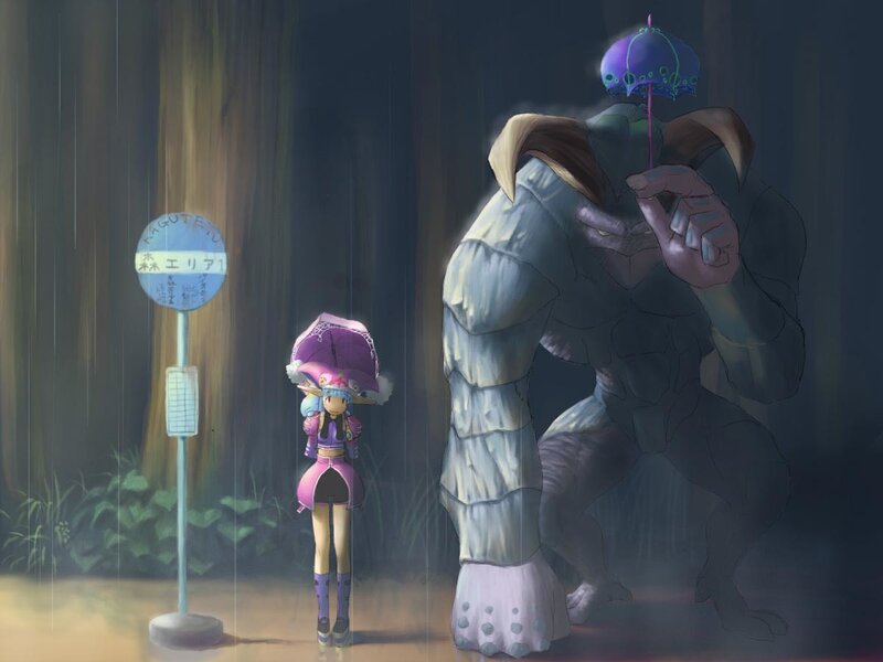 Girl and monster in the rain