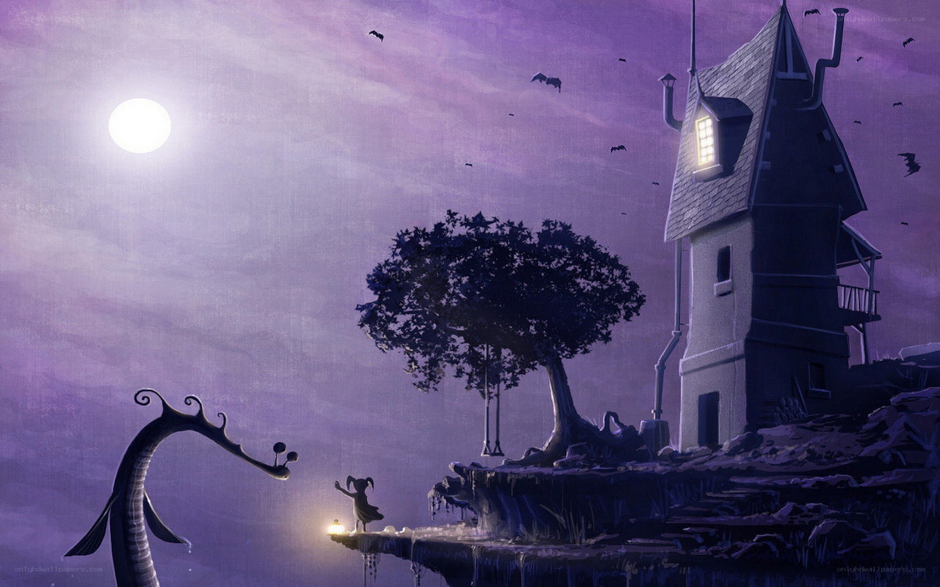 Girl and monster under moonlight