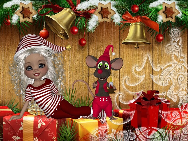 Girl and Mouse in Holiday Scene