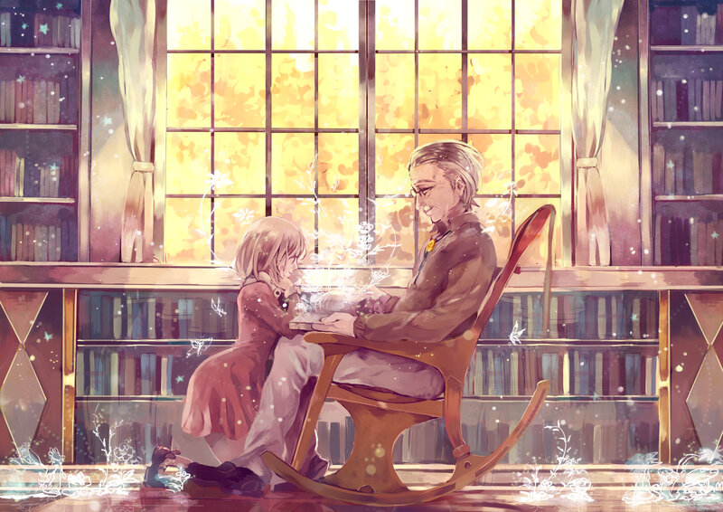 Girl and Old Man Reading