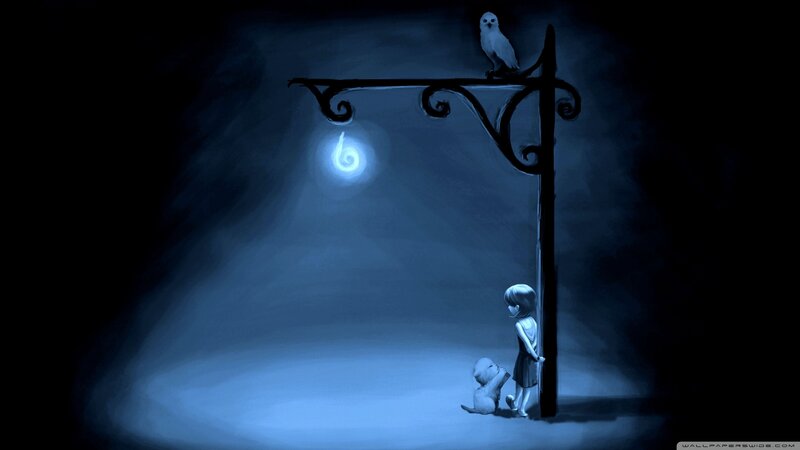 Girl and Owl at Night — Blue