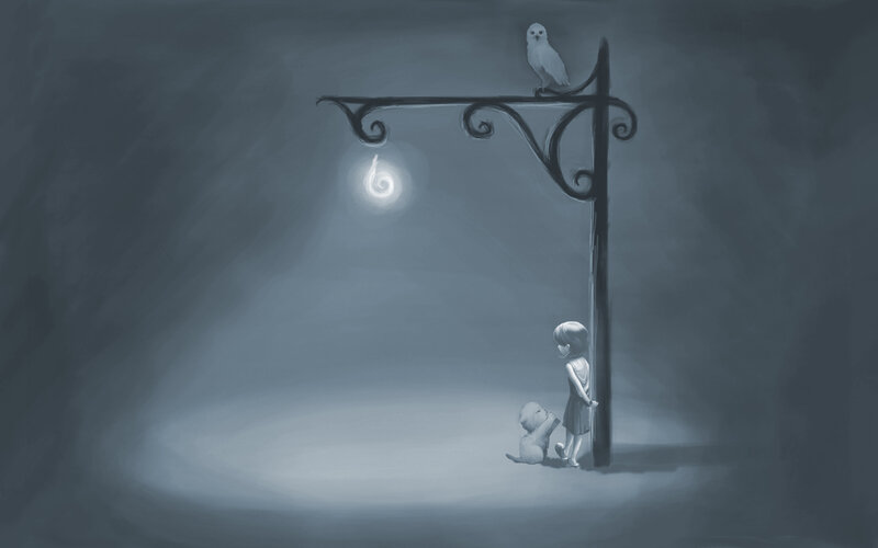 Girl and Owl at Night
