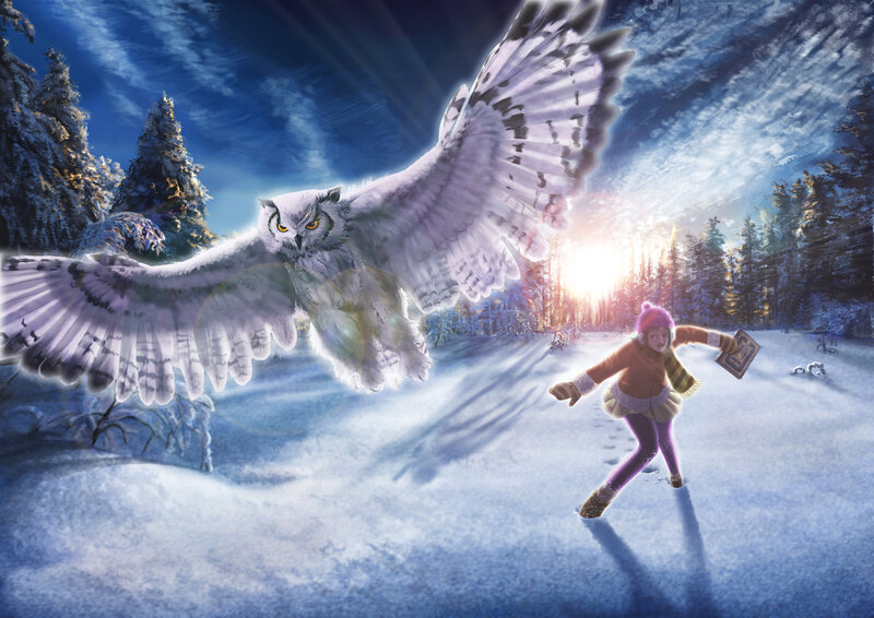 Girl and Owl in Snow