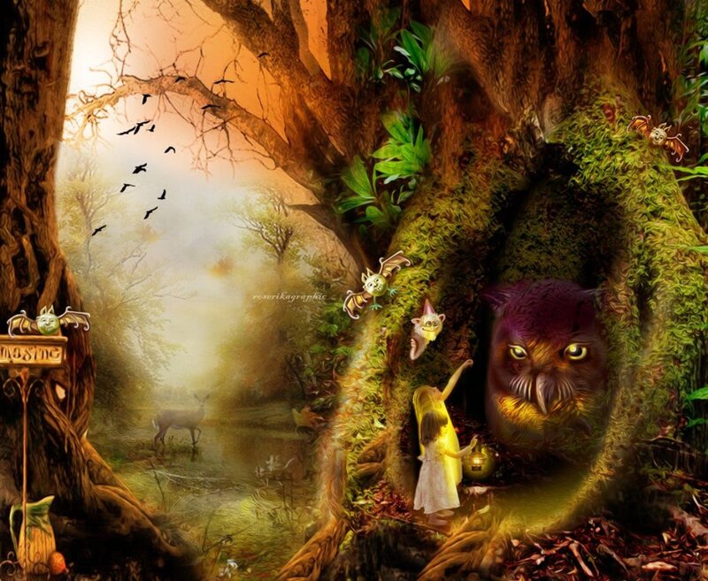 Girl and Owl in Tree