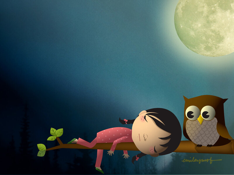 Girl and owl on a branch