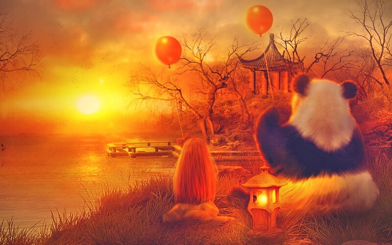 Girl and Panda Bear — Orange