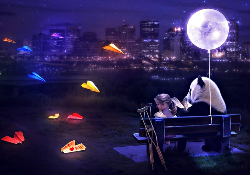 Girl and Panda on Bench