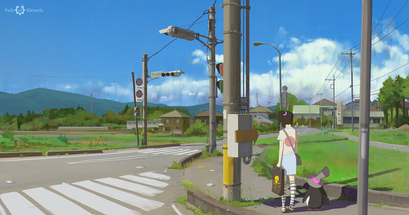 Girl and Penguin at Crosswalk