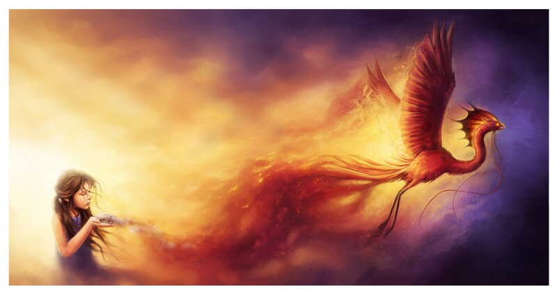 girl and phoenix in sky