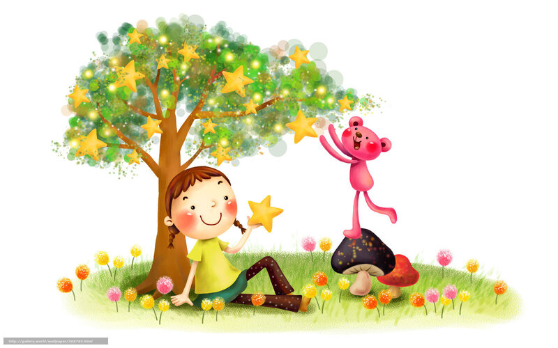 Girl and Pink Bear — Green, Playful