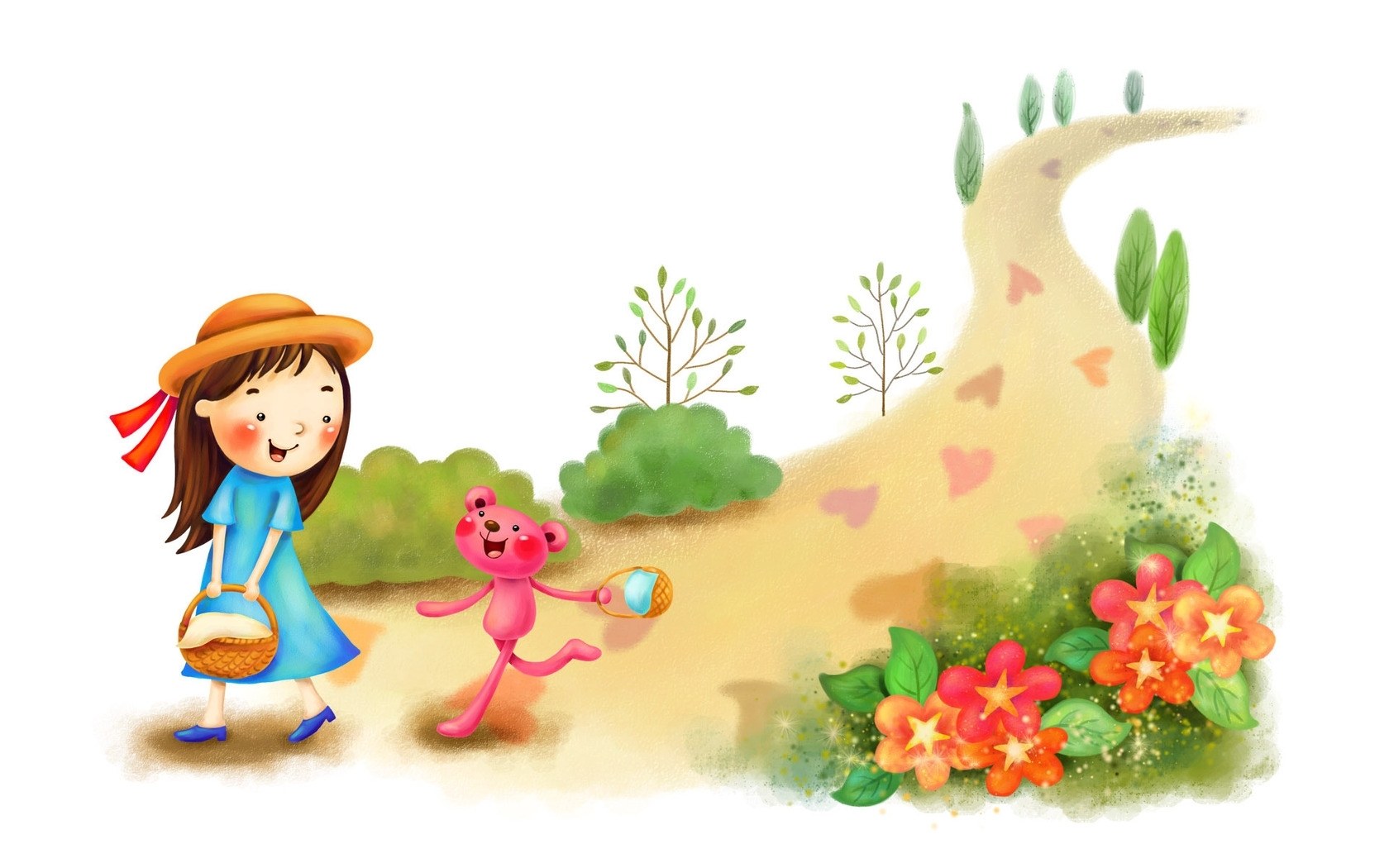 Girl and pink bear on a path