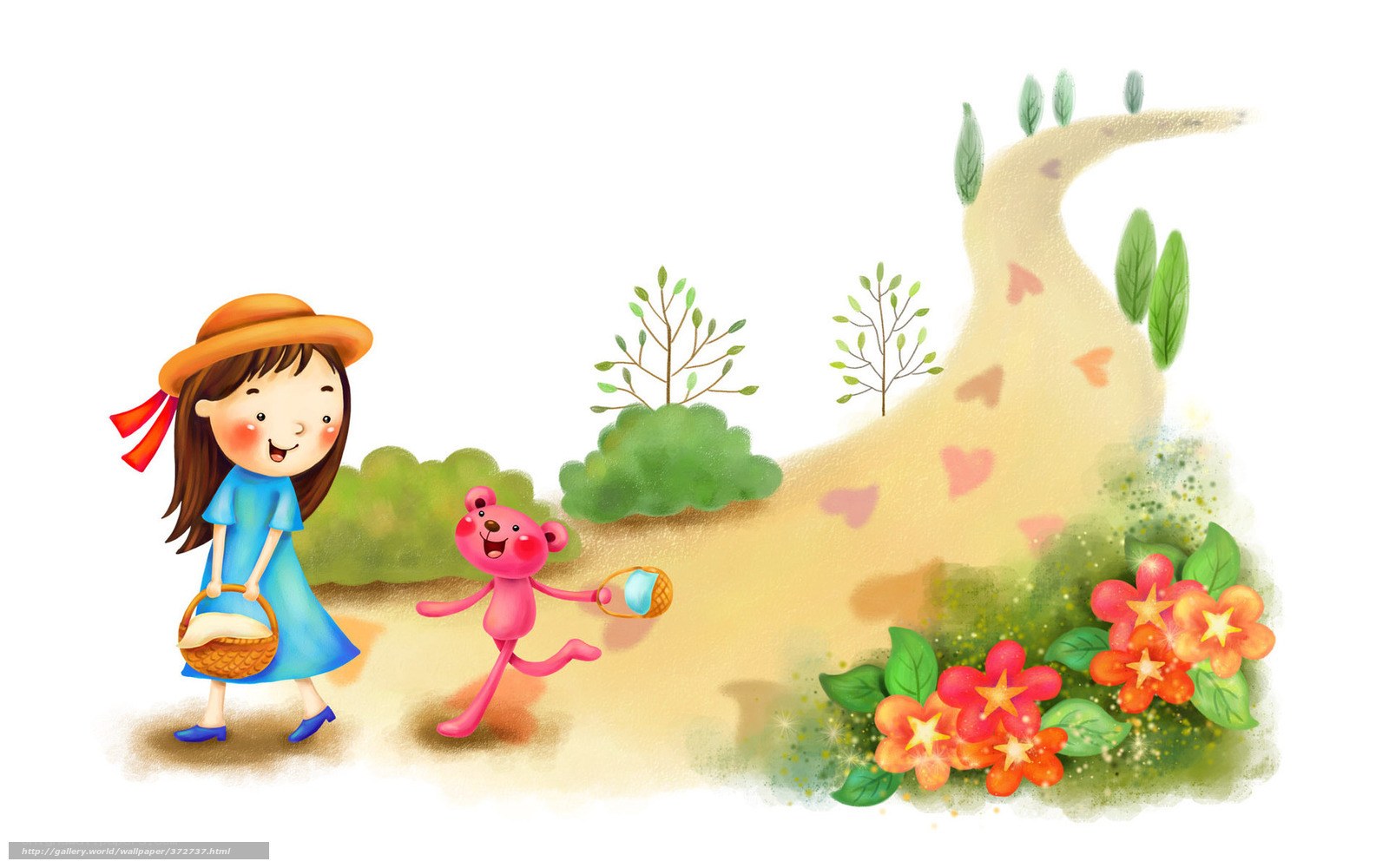 girl and pink bear on path