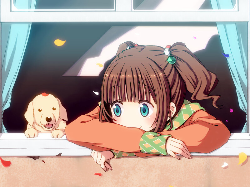 Girl and Puppy at Window — Brown, Calm