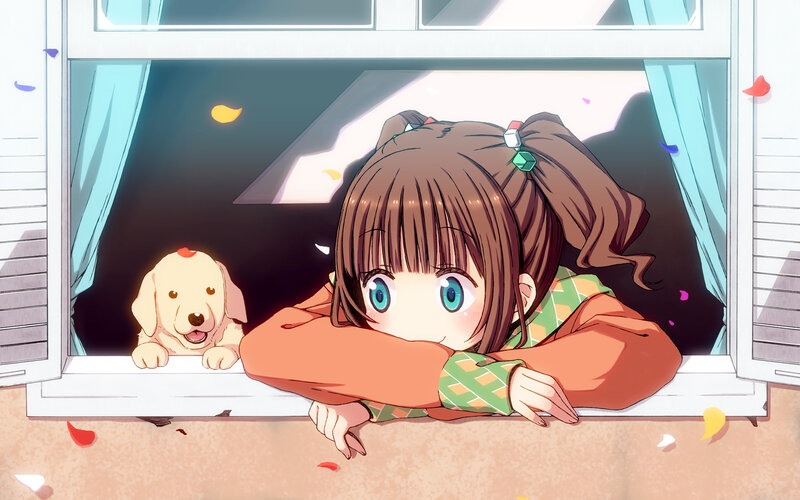 Girl and Puppy at Window — Brown