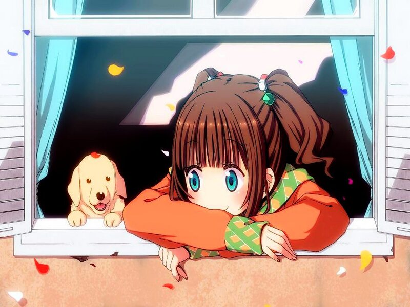 Girl and Puppy at Window — Orange