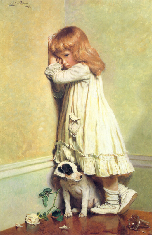 Girl and puppy in a corner