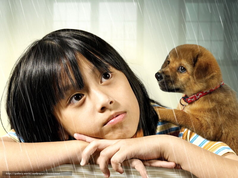girl and puppy in rain
