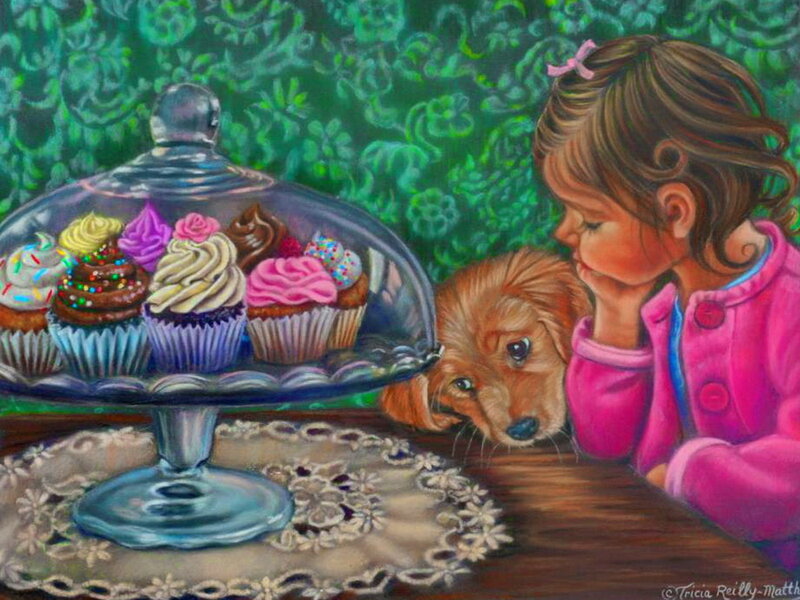 Girl and Puppy with Cupcakes