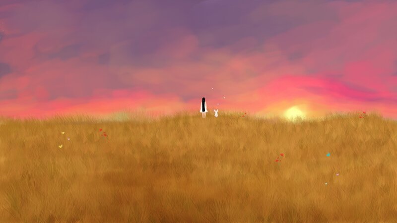 Girl and Rabbit in Field — Purple