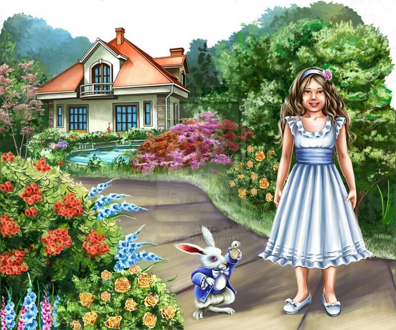 Girl and Rabbit in Garden