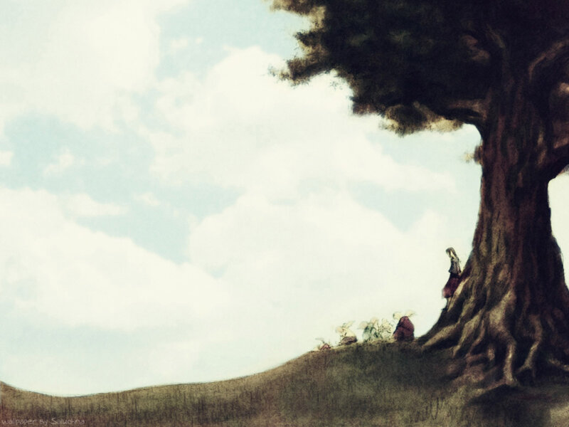 Girl and Rabbits by Tree