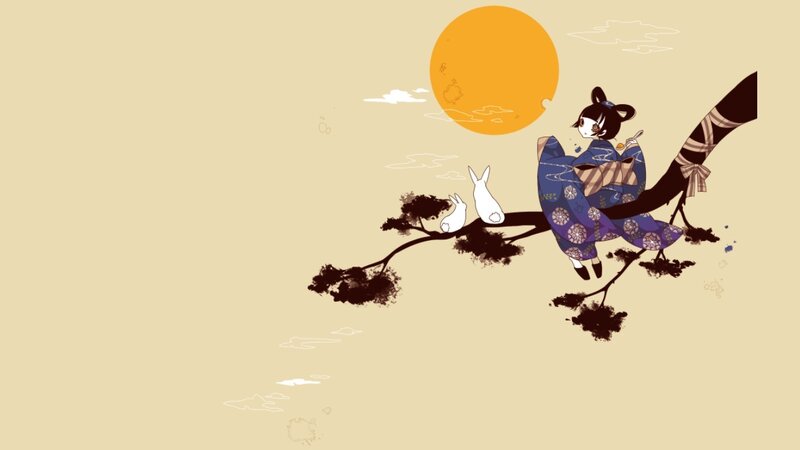 girl and rabbits on a branch