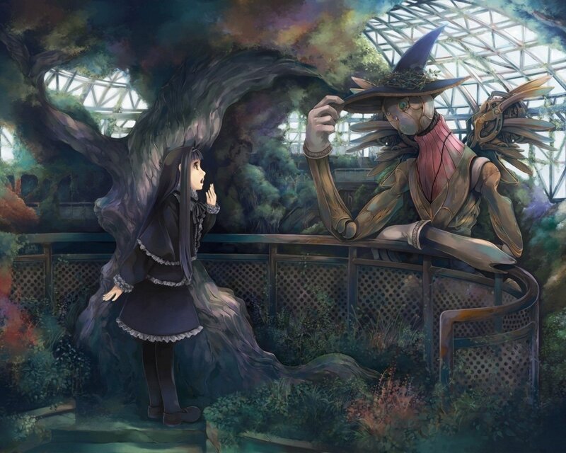 Girl and robot in a greenhouse