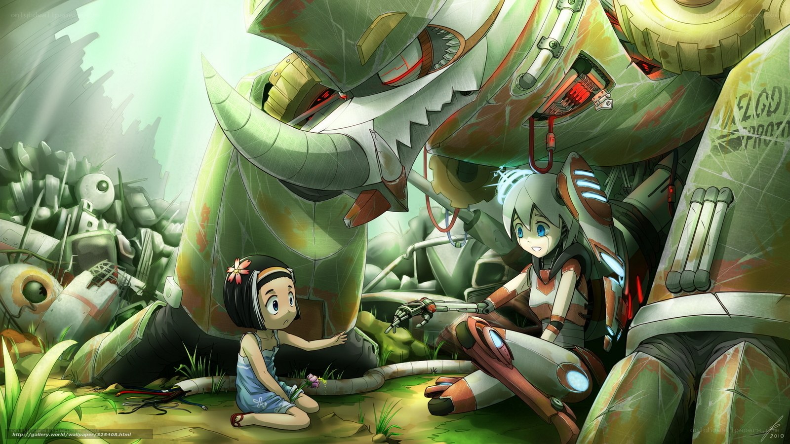 Girl and robot in a junkyard