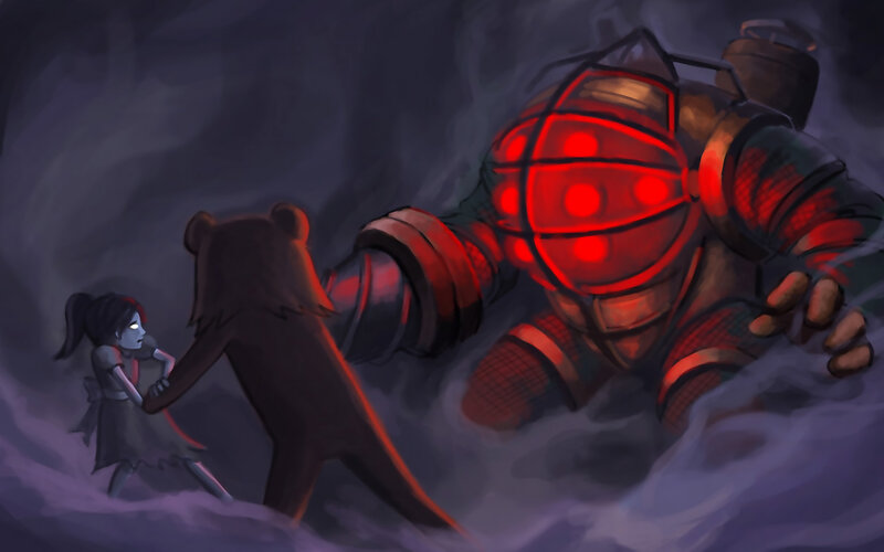 Girl and robot in dark cave