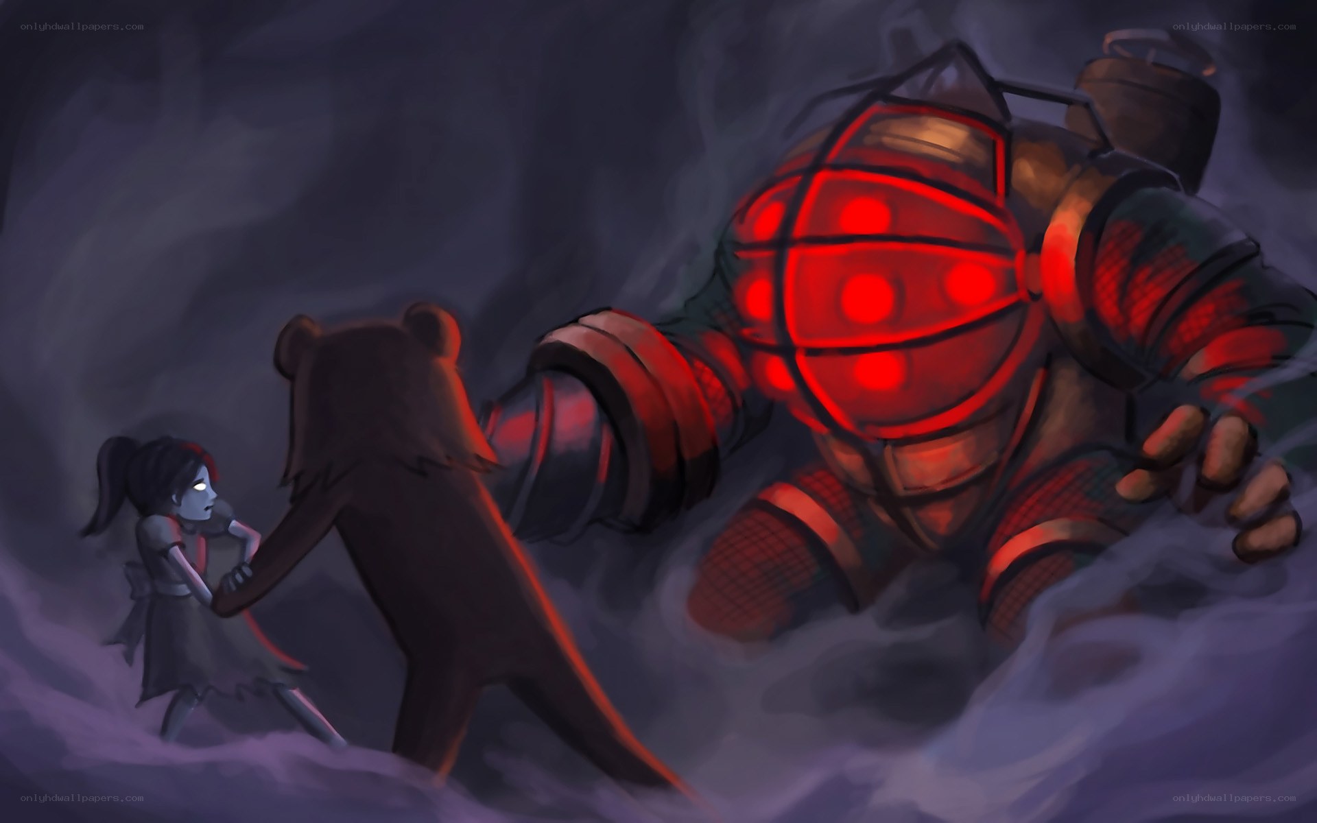 Girl and robot in dark cave