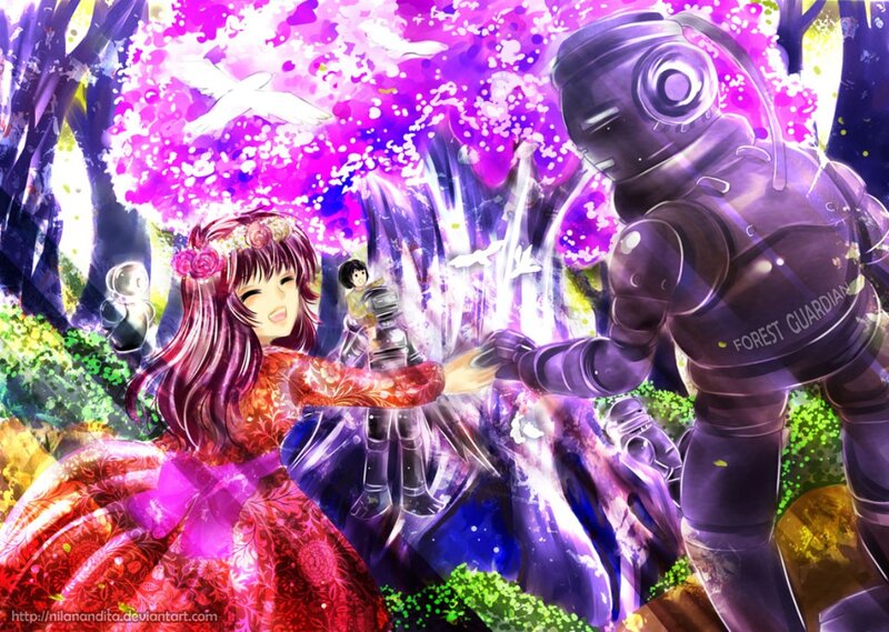 Girl and Robot in Forest