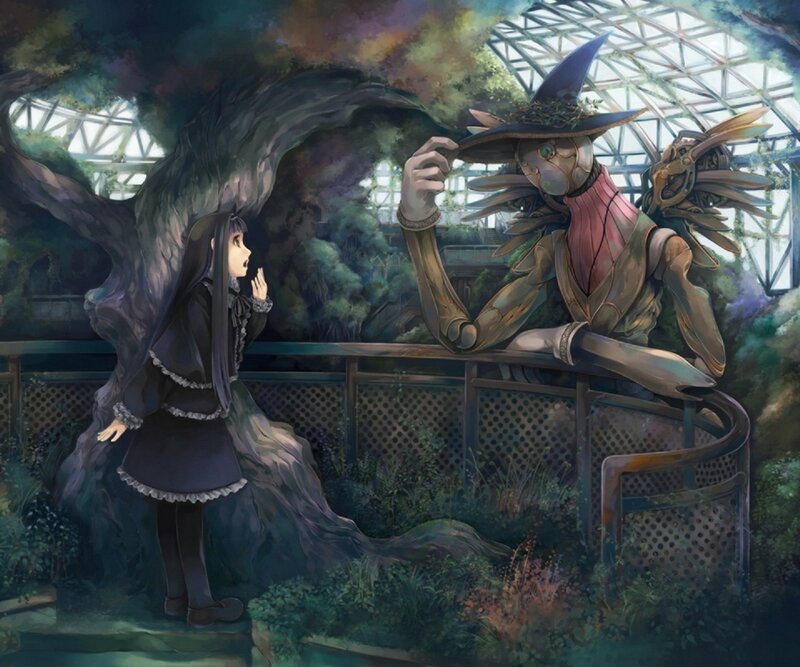 Girl and Robot in Greenhouse