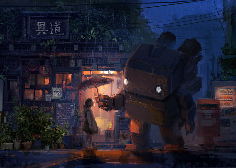 Girl and Robot in Rain