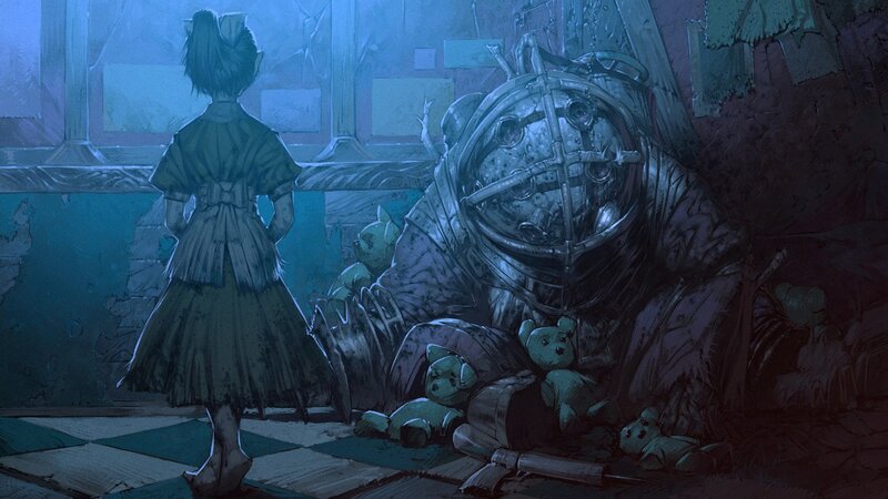 Girl and Robot in Room — Blue