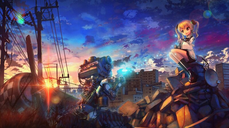 Girl and Robot on Rubble — Blue, Dramatic