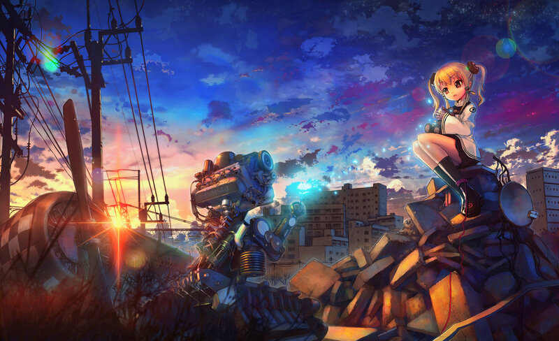 Girl and Robot on Rubble — Blue