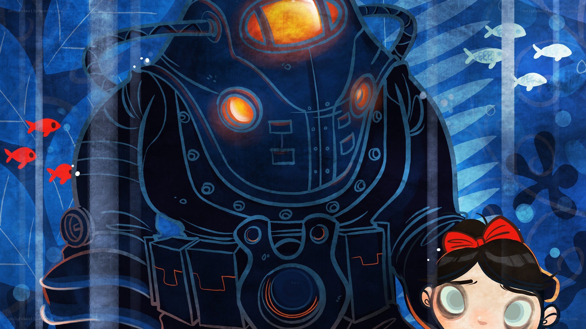 girl and robot underwater