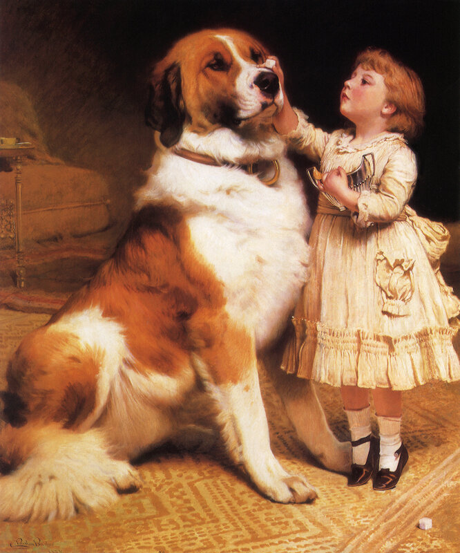 Girl and Saint Bernard dog