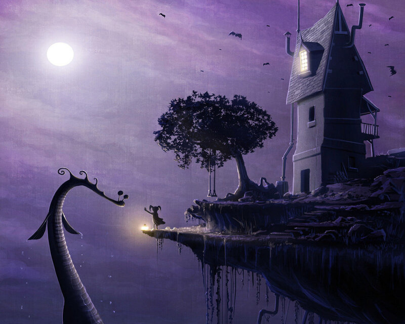 girl and sea monster at night