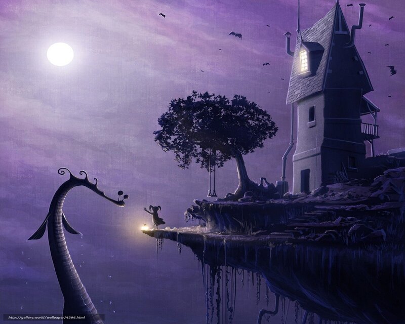 Girl and sea monster at night